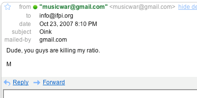 info@ifpi.org. From: musicwar at gmail.com. Subject: Oink. Text: Dude, you guys are killing my ratio. M
